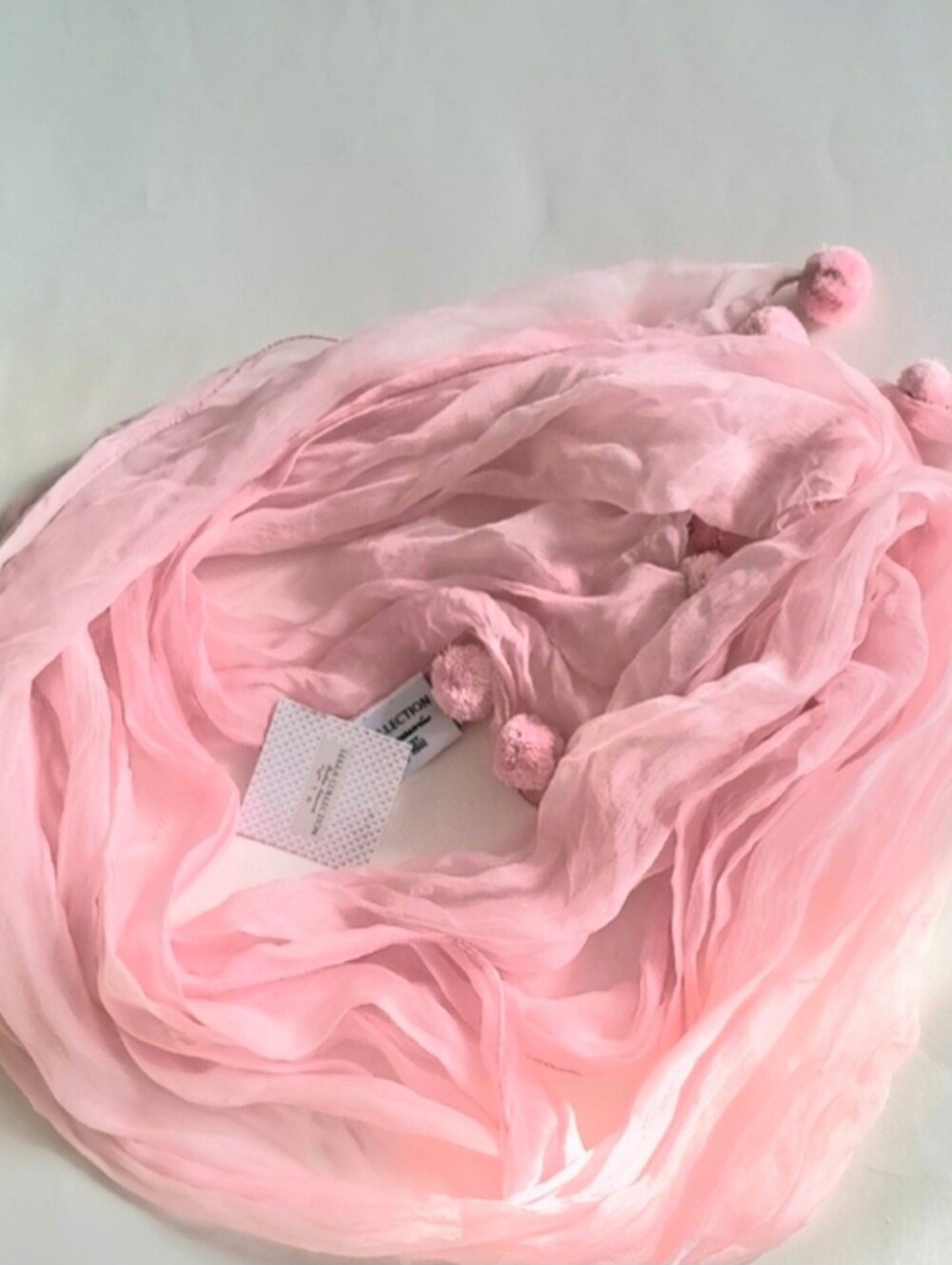 Sheer Pink Floaty Dreamy Crinkle Scarf Shawl Glam Pink Pom Poms NWT 17" X 60"